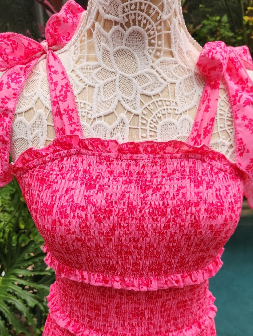 Pink Smocked Tiered Ruffle Mini Bodycon Dress with Tie Shoulder Straps - Picture 3 of 6